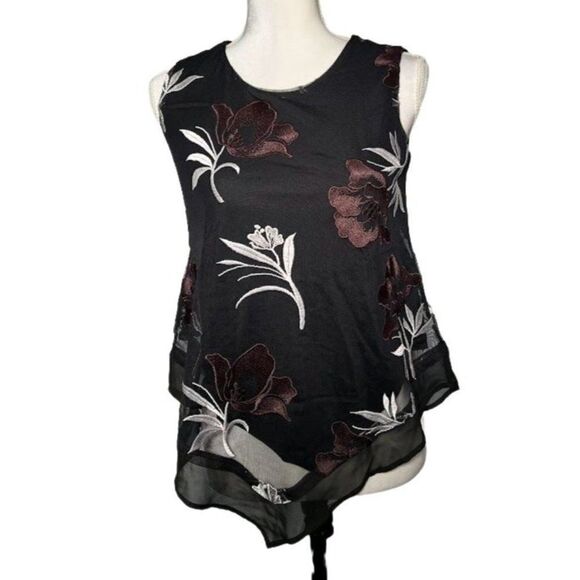 ALFANI Petite Black Floral Embroidered Pointed Hem Blouse Top XS‎ 0P/2P NWT - Picture 1 of 6